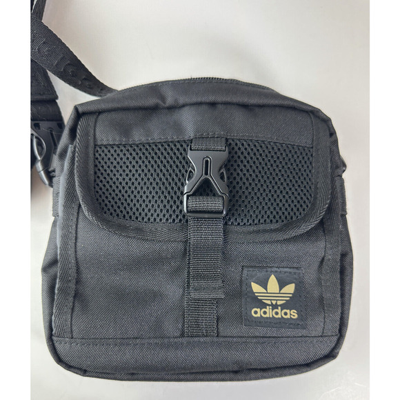 Adidas Large Festival Crossbody Bag Black Gold Trefoil Emblem Adjustable Unisex - Picture 2 of 11